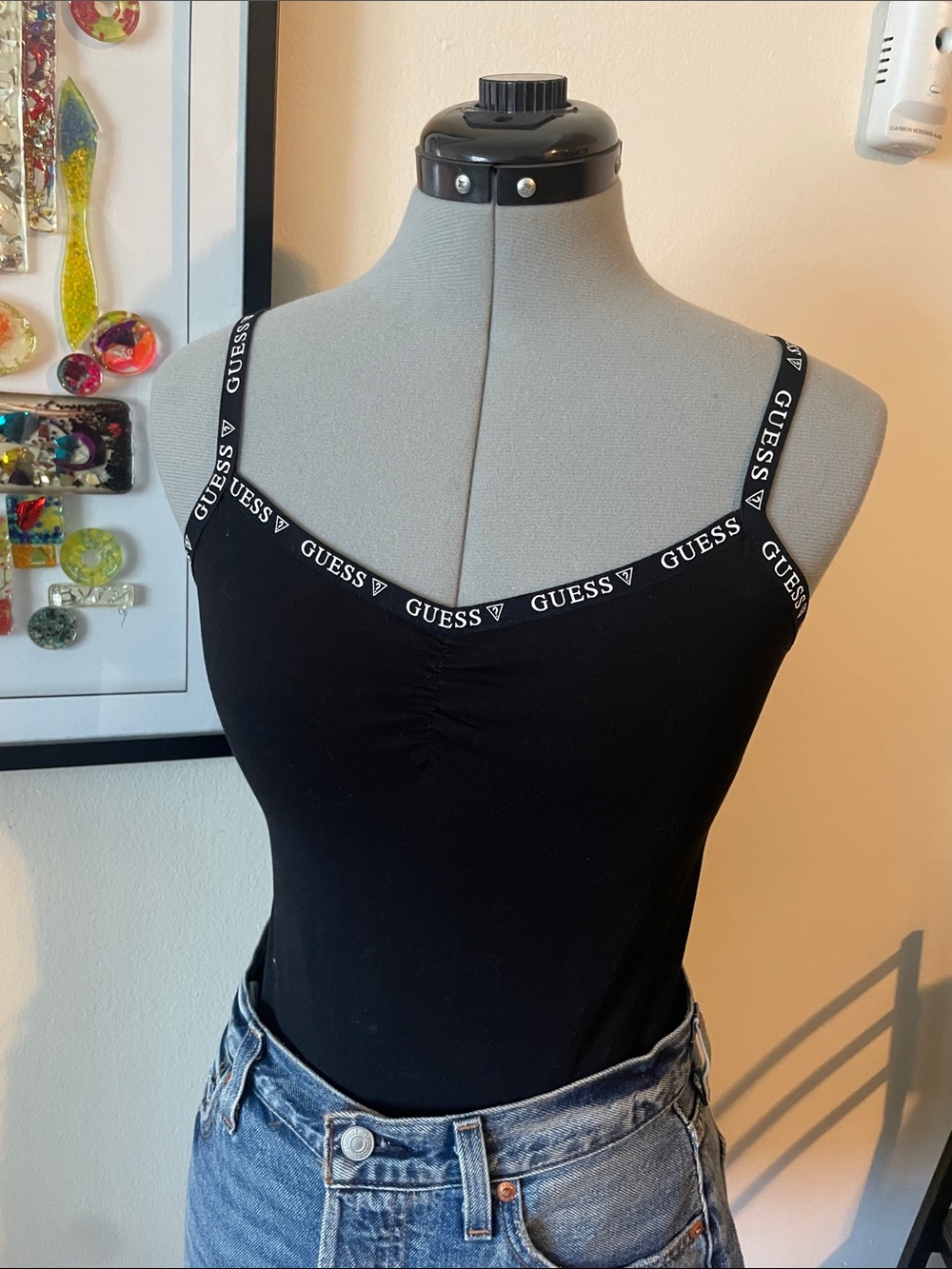 GUESS Black Logo-Trim Slim bodysuit